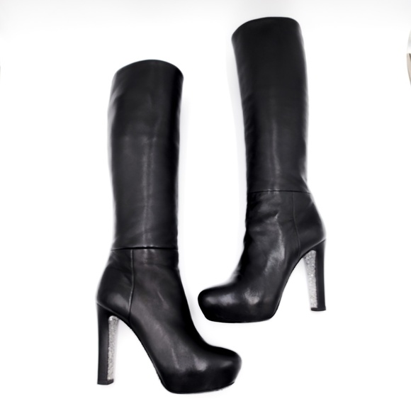 MIU MIU Black Leather Knee-High Heeled Platform Boots EU 38 - Picture 10 of 10